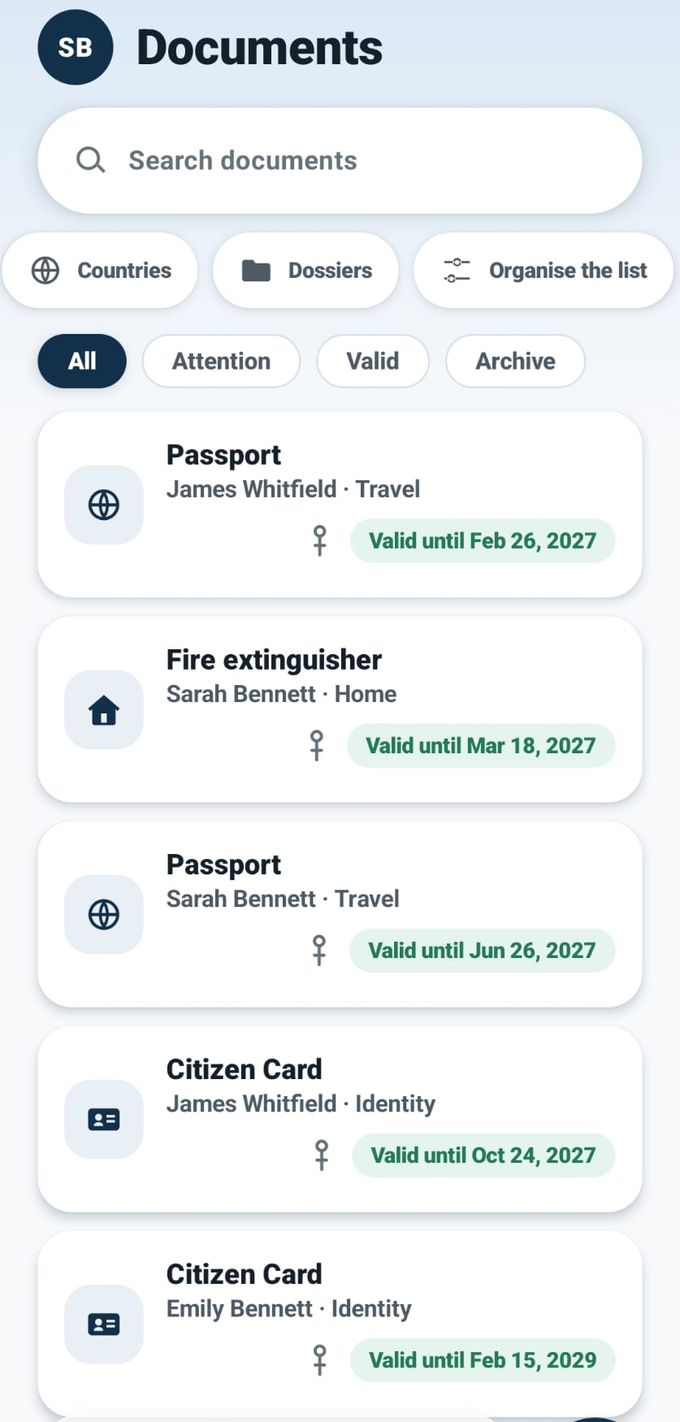 Pantalla Documentos de Papira: búsqueda, accesos a Países y Dosieres, y filtros por estado. La lista muestra cada documento con la persona a la que pertenece y cuánto falta para que caduque. Datos ficticios.