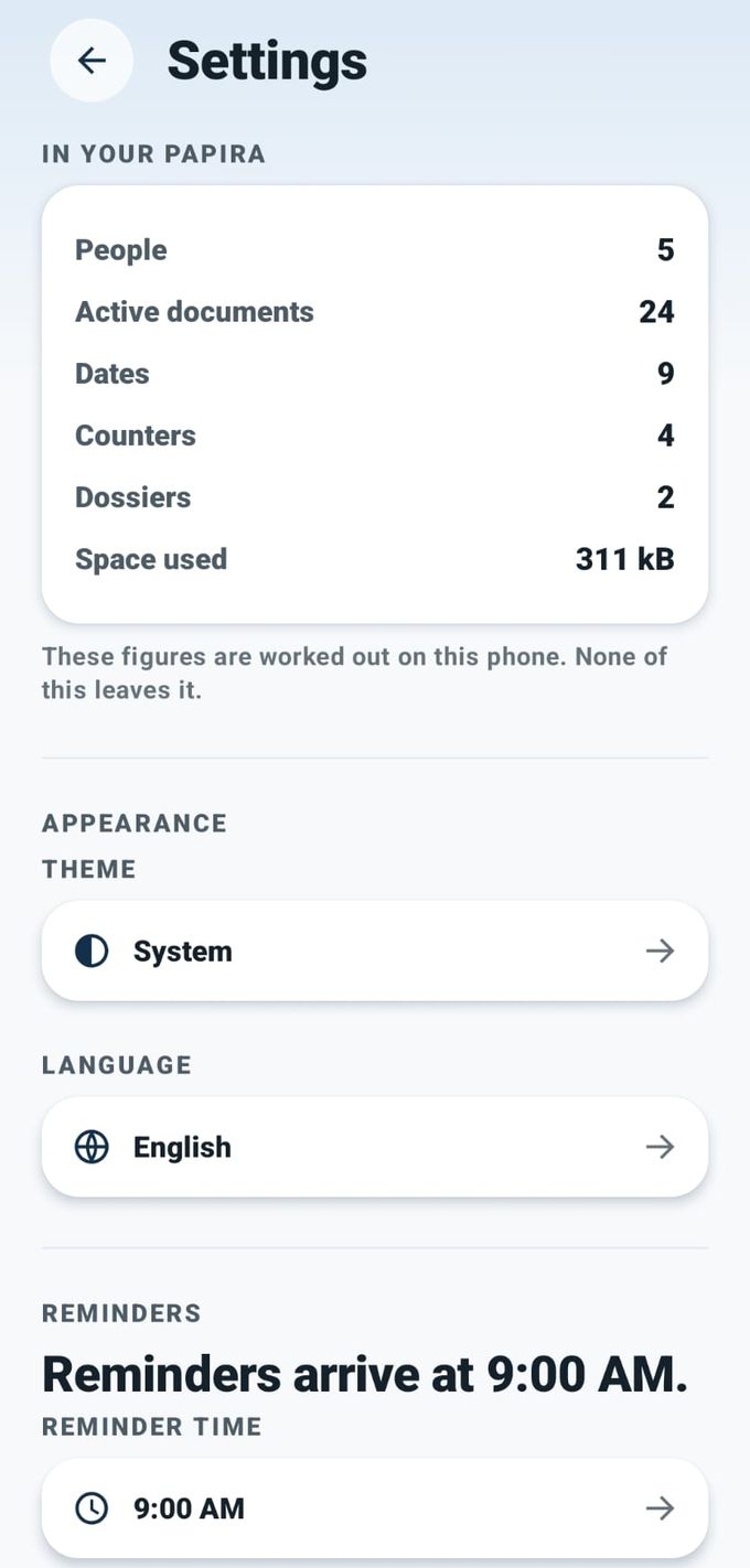 Pantalla Ajustes de Papira: el resumen de lo guardado —personas, documentos, fechas, contadores, dosieres y espacio usado— con la nota de que las cuentas se hacen en el móvil y nada sale de él. Datos ficticios.